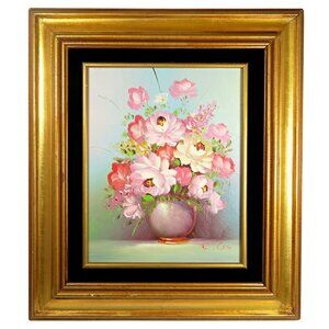 Robert Cox 14x15" Signed Oil Painting Pink Rose Bouquet Vintage Floral Art